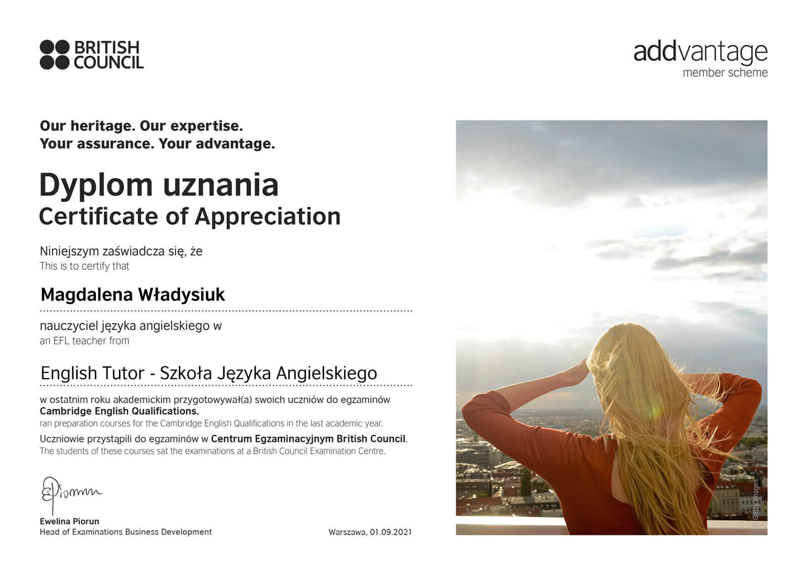 Dyplom uznania Magdalena Władysiuk